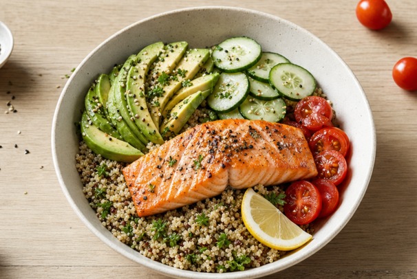Salmon, quinoa, avocado and tomato bowl